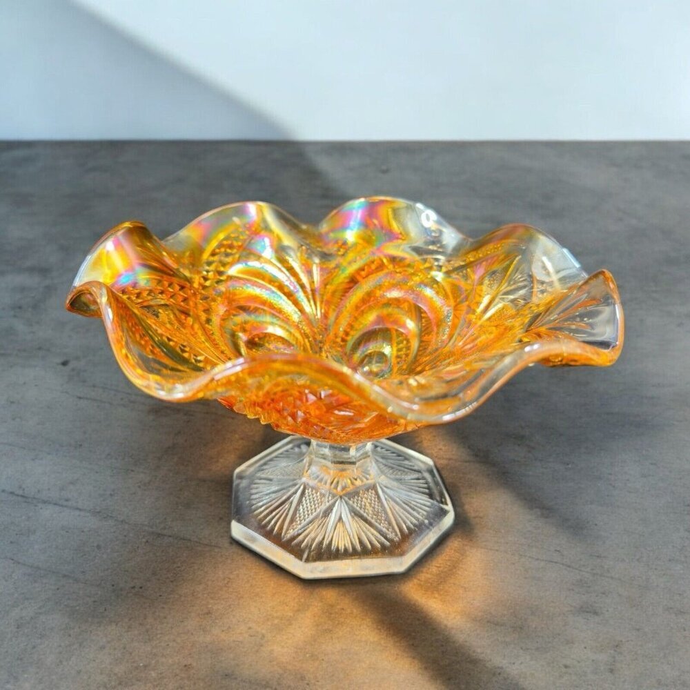 Imperial Glass Iridescent Marigold Carnival Glass Ruffled‎ Footed Bowl Dish VTG